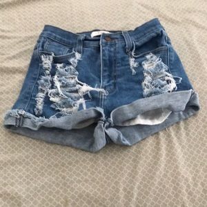 High waisted distressed denim shorts
